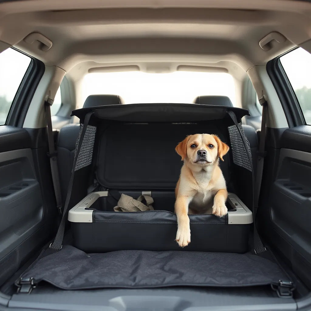 Small dog calmly inside a ventilated pet travel carrier secured on a car back seat