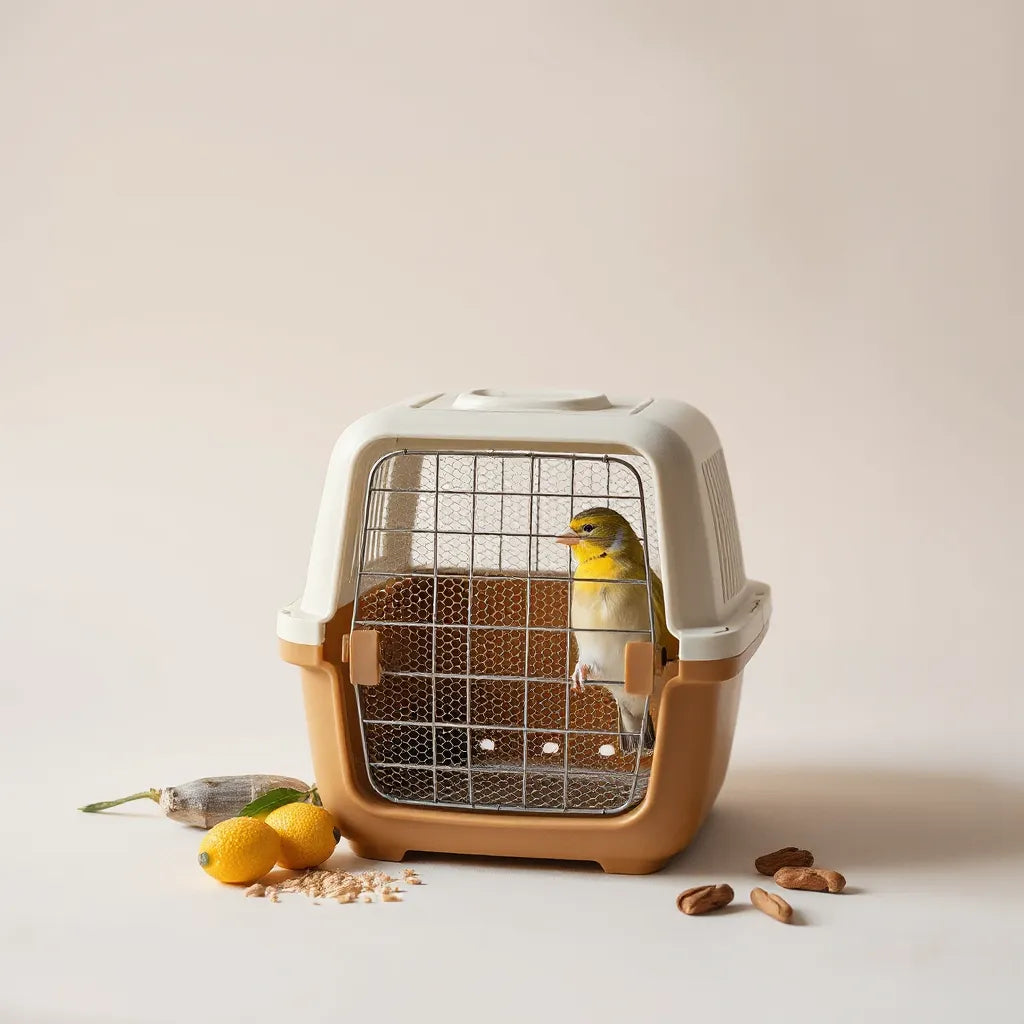 Lightweight bird carrier with a small bird perched inside and a visible carry handle