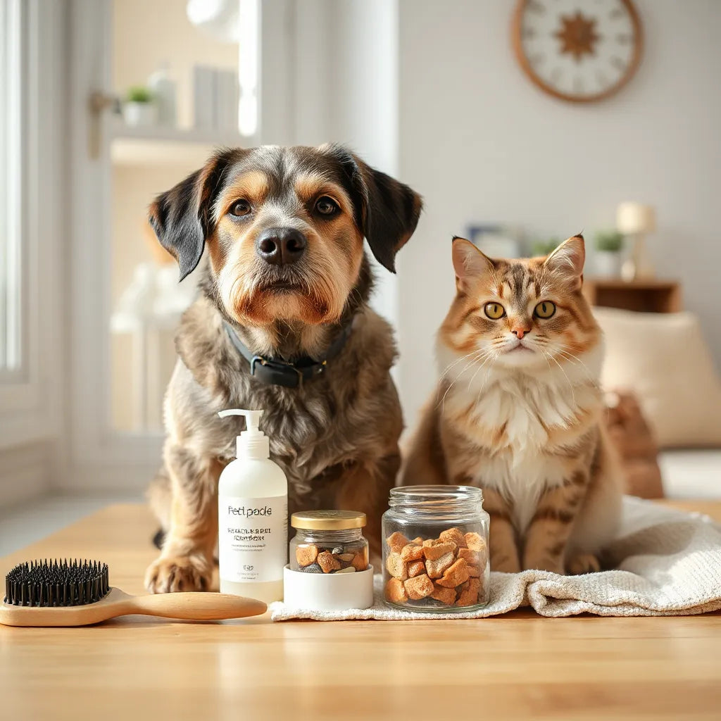 Dog and cat beside neatly arranged grooming essentials and pet care products in a bright home setting