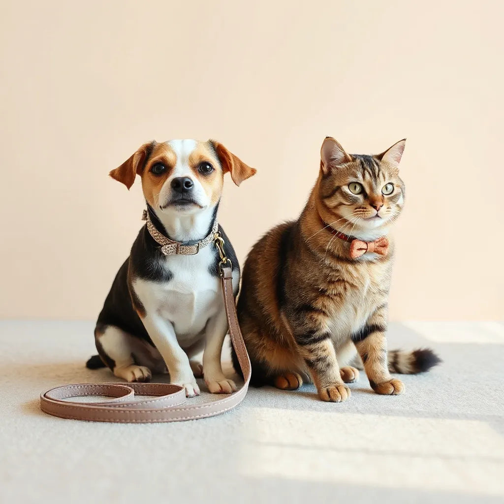Small dog and cat wearing refined collars with a matching minimalist leash on a neutral rug