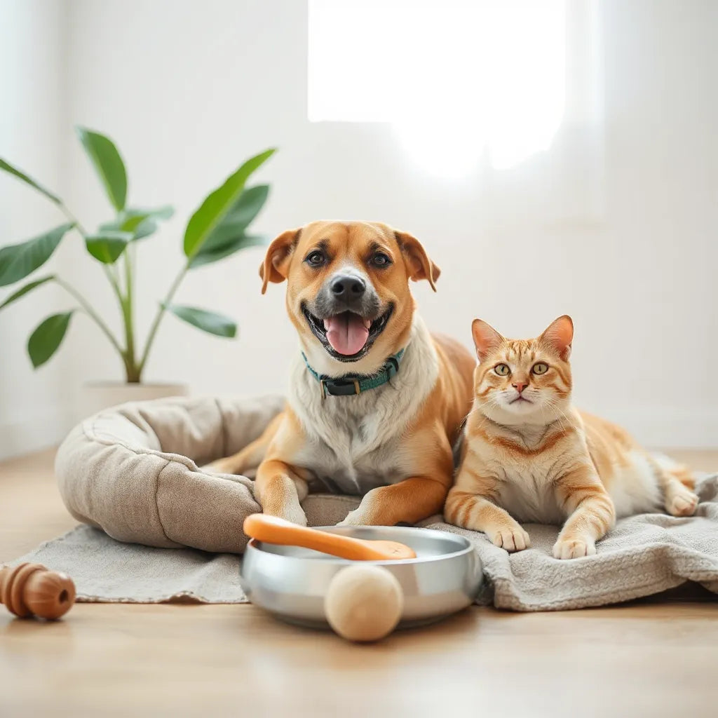 Happy dog and calm cat resting indoors with fresh water bowl and toys in natural daylight