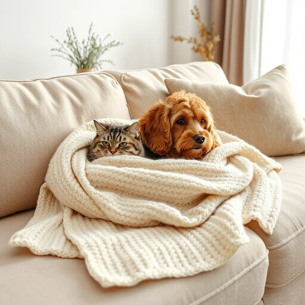 Small dog and cat resting under a soft knit pet blanket on a sofa in warm natural light