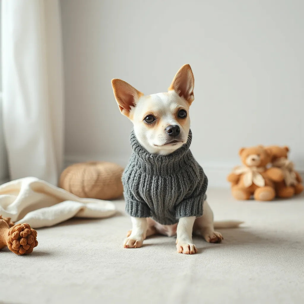 Small dog wearing a cozy knit sweater with a comfortable fit in soft natural light