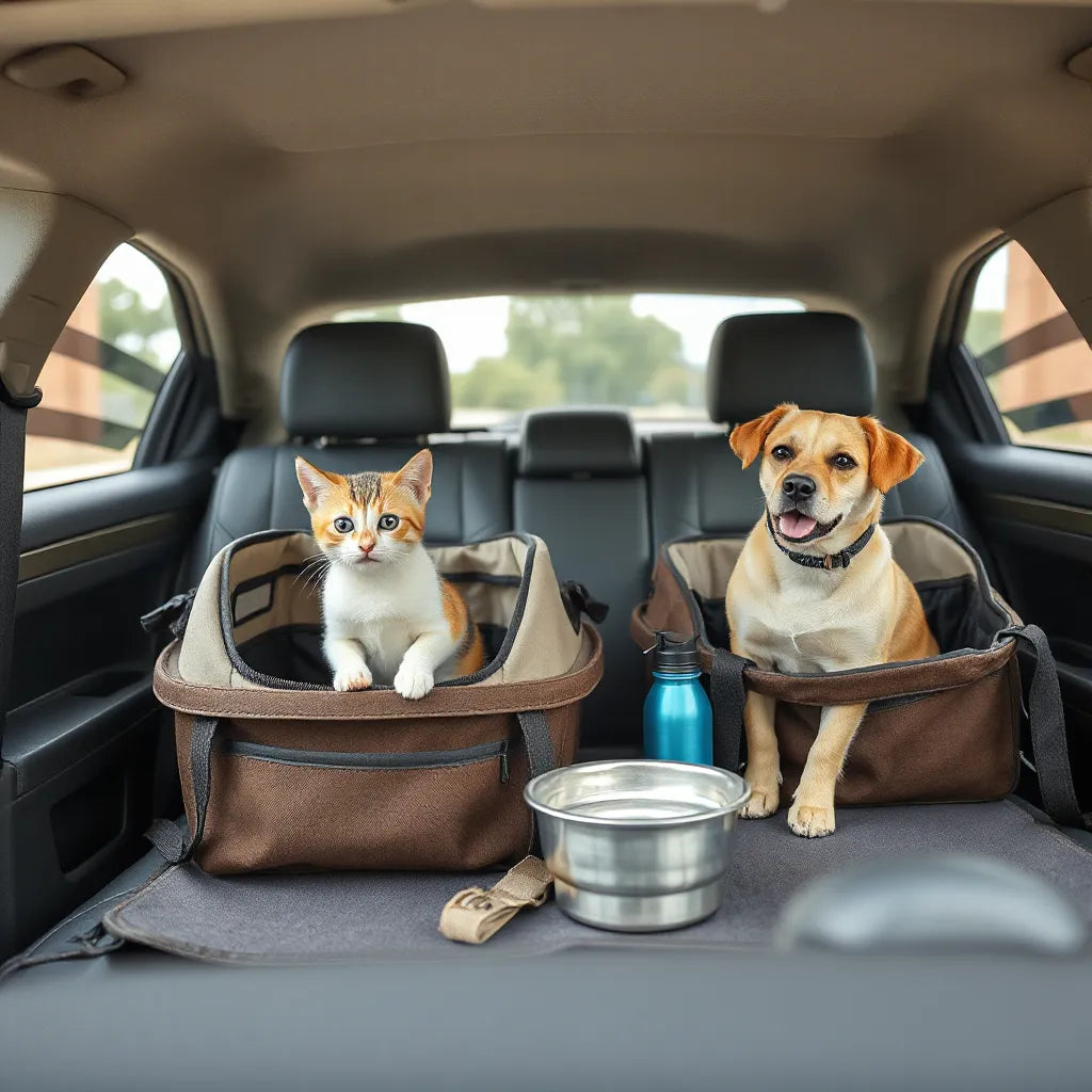 Small cat and dog resting in comfortable pet carriers in a car with travel water and bowl nearby