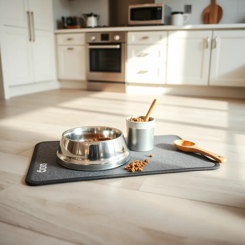 Stainless steel food and water bowls on a non-slip mat with a neatly placed kibble container nearby