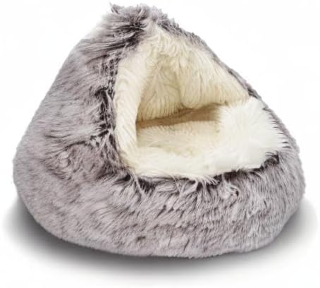ShinHye Cat Bed Round Plush Fluffy Hooded Cat Bed Cave, Cozy - Image 9