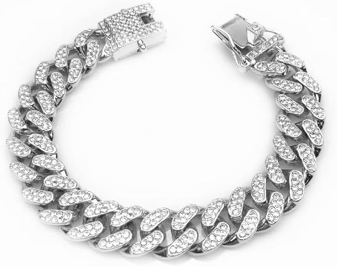 Dog Chain Collar Cuban Link Silver Design Secure Buckle Crystal Necklace Metal by Unknown