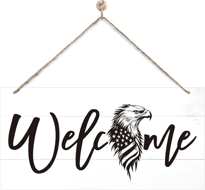 Welcome Sign for Front Door, Welcome Decor Wooden Hanging Sign, Patriotic Theme by corner+wind