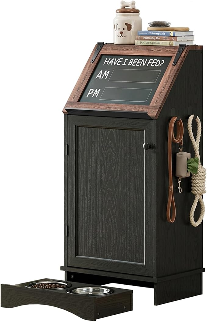 Dog Food Feeding Station with Storage, Pet Food Storage Cabinet with Bowls and by Furnvvio