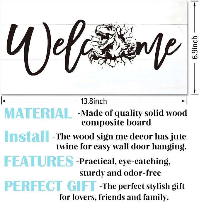 Welcome Sign for Front Door, Welcome Decor Wooden Hanging Sign, Tyrannosaurus - Image 2
