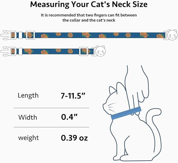 2 Pack Cotton Breakaway Cat Collar Blue and Black Rose Pendant Cute Kitten Cat - Image 3