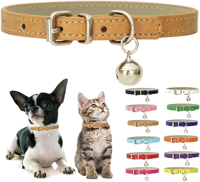 XS Dog Collar with Bell, Soft Pu Leather Cat Collars Adjustable Buckle by Weimostar