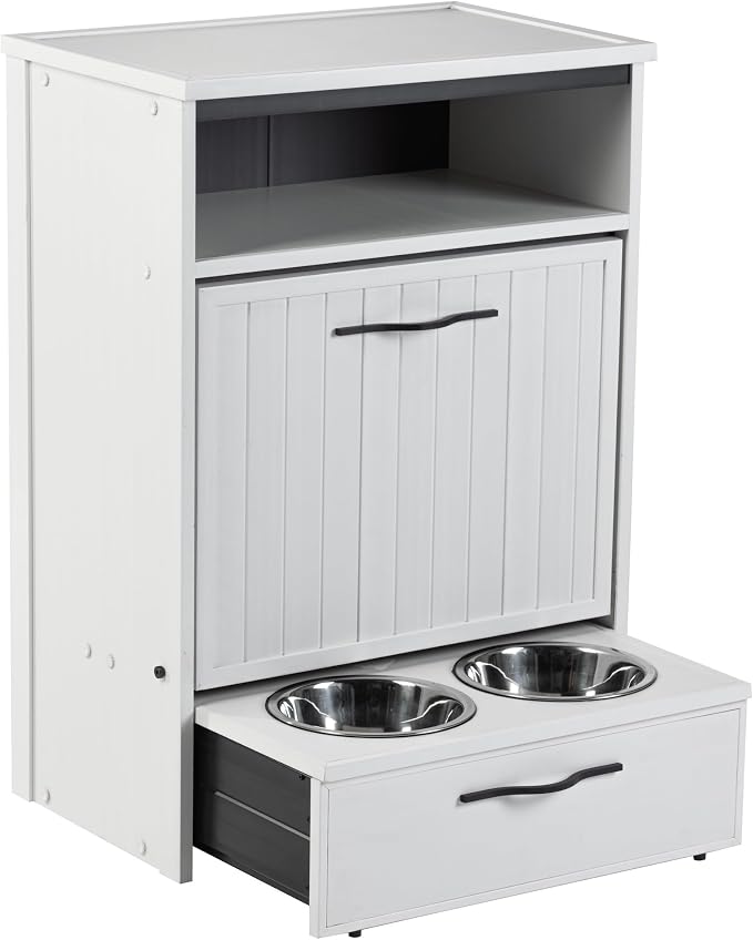 New Age Pet ECOFLEX Brea Dog Food Pantry in Antique White, Two 32 oz Bowls by NewAgePet