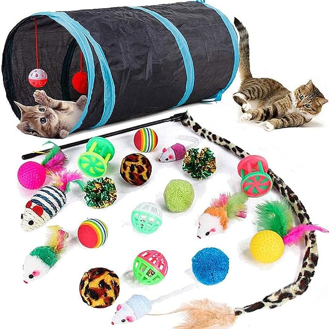 21 Pcs Cat Toys for Indoor Cats Collapsible Cat Tunnel Interactive Feather by Speedy+Panther