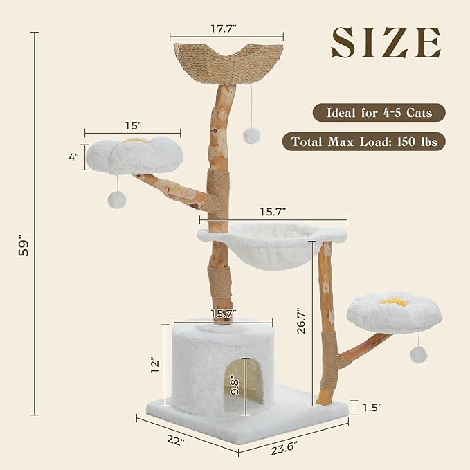 59" Modern Cat Tree Tower for Large Cats w/2 Flower Perches-Natural Solid Wood - Image 3