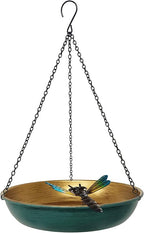 Hanging Birdbath Bird Feeder for Outdoor 11 Inch Green/Bronze Cute Metal Bird by Keygift