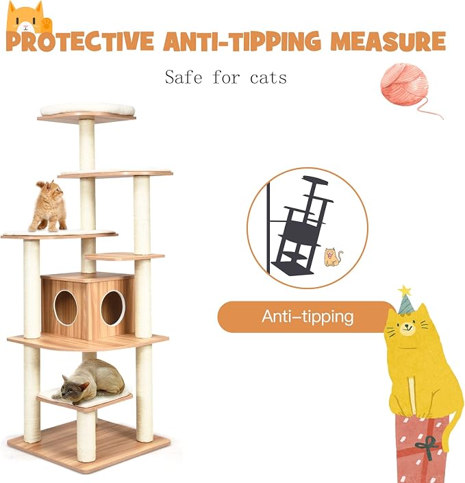 PETSITE 69 Inches Tall Cat Tree, Modern Wooden Cat Tower - Image 2