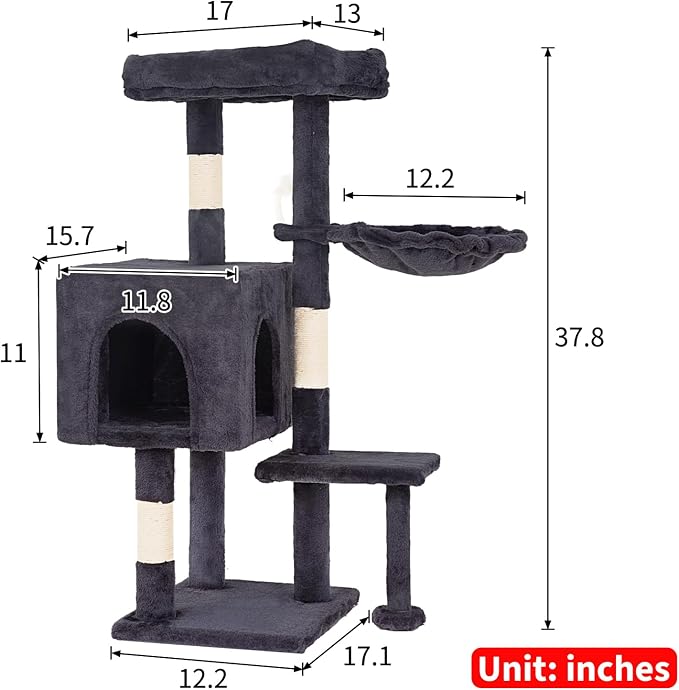 FDW | 37.8" Cat Tree Tower | Dark Gray | Multi-Level Indoor Activity Center - Image 8