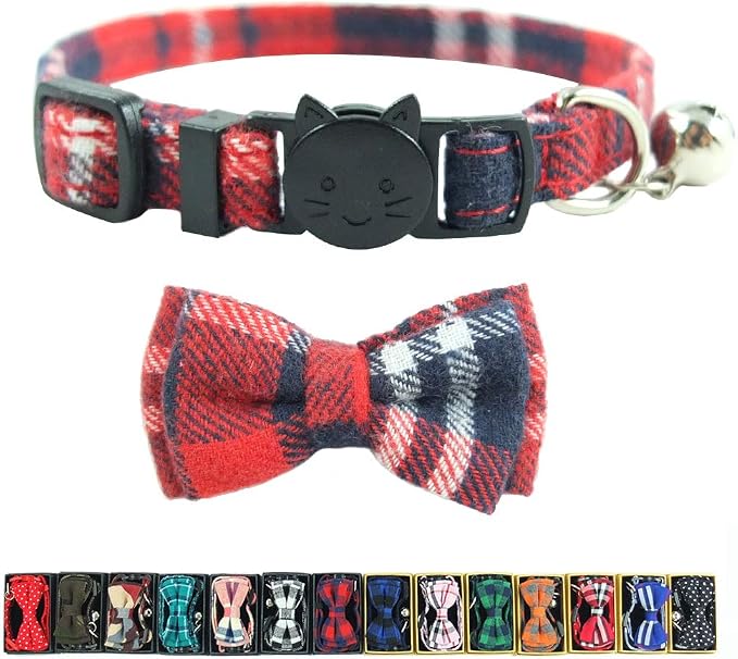 Cat Collar Breakaway with Bell and Bow Tie, Plaid Design Adjustable Safety by Ximipet