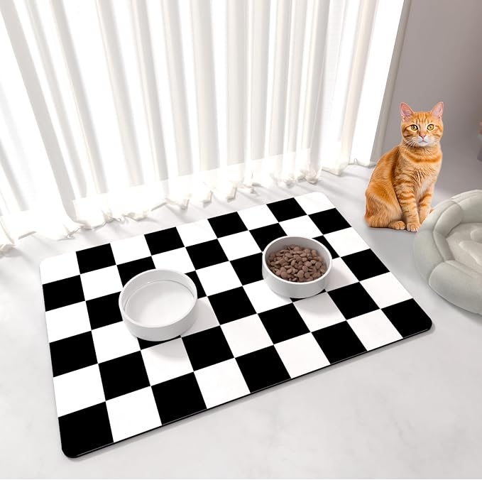 Pet Feeding Mat, Checkered Cat Bowl Mats, Quick Dry Dog Water Dispenser Mats by BLESWIN