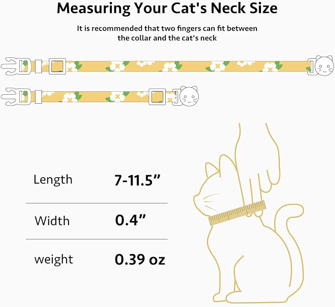 2 Pack Cotton Breakaway Cat Collar Green and Yellow Flowers Pendant Cute Kitten - Image 3