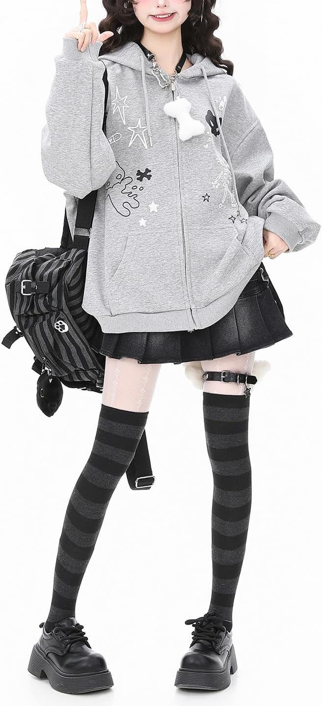 Womens Y2K Zip Up Cute Graphic Hoodies Cat Ears Casual Cartoon Harajuku Kawaii - Image 4