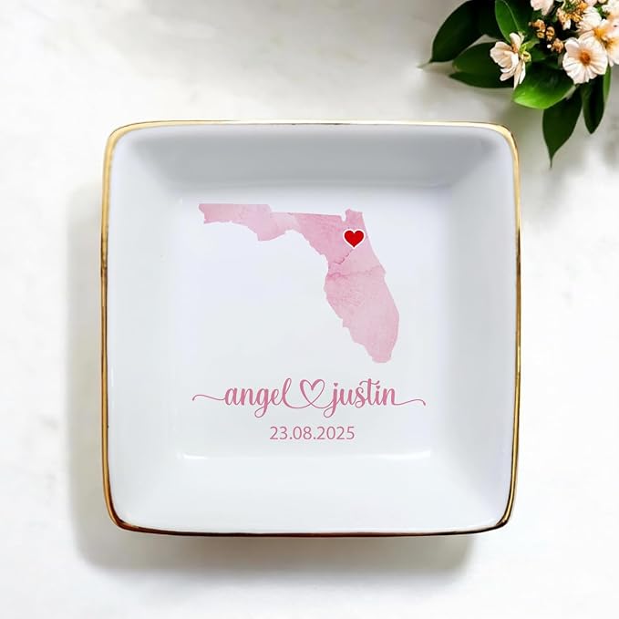 Custom State Location Map Engaged Ring Dish, Ring Holder Dish Engagement Gift - Image 2
