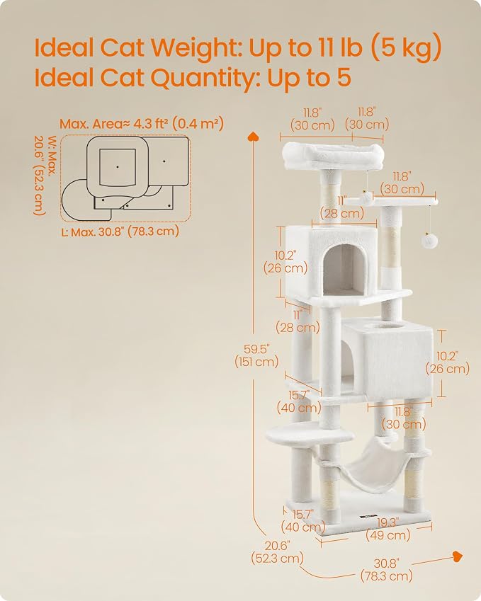 Feandrea Cat Tree, 59.5-Inch Tall Cat Tower, Plush Multi-Level Condo - Image 5