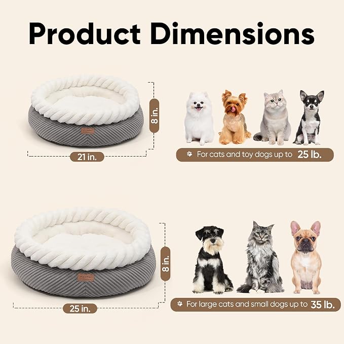 FUKUMARU Cat Bed, Calming Donut Dog Beds, Plush Faux Fur&Corduroy Cat Beds - Image 6
