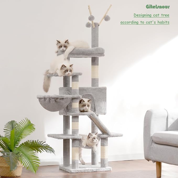 Cat Tree, Cat Condo with Cat Scratching Post and Board, Cat Hammock, Light Gray - Image 2