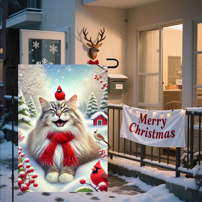 Christmas Garden Flag Cute Cat Red Cardinal Winter Snow Scene Outdoor Yard Flag - Image 6