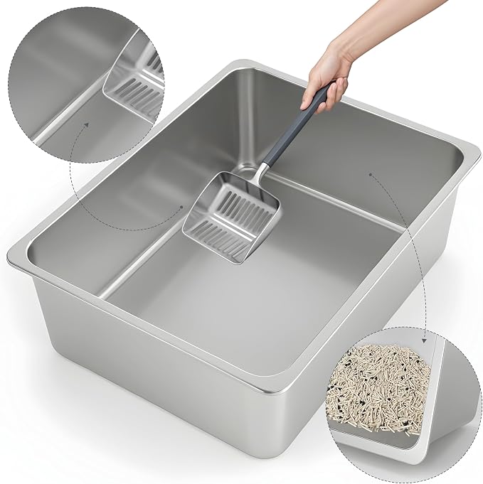 Kirecoo Stainless Steel Litter Box, Large Low Entry Metal Cat Pan Box, Indoor - Image 3