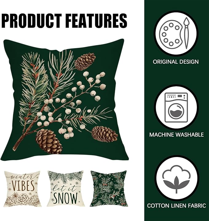 Fahrendom Winter Vibes Green Decorative Throw Pillow Covers 18 x 18 Set of 4 - Image 4
