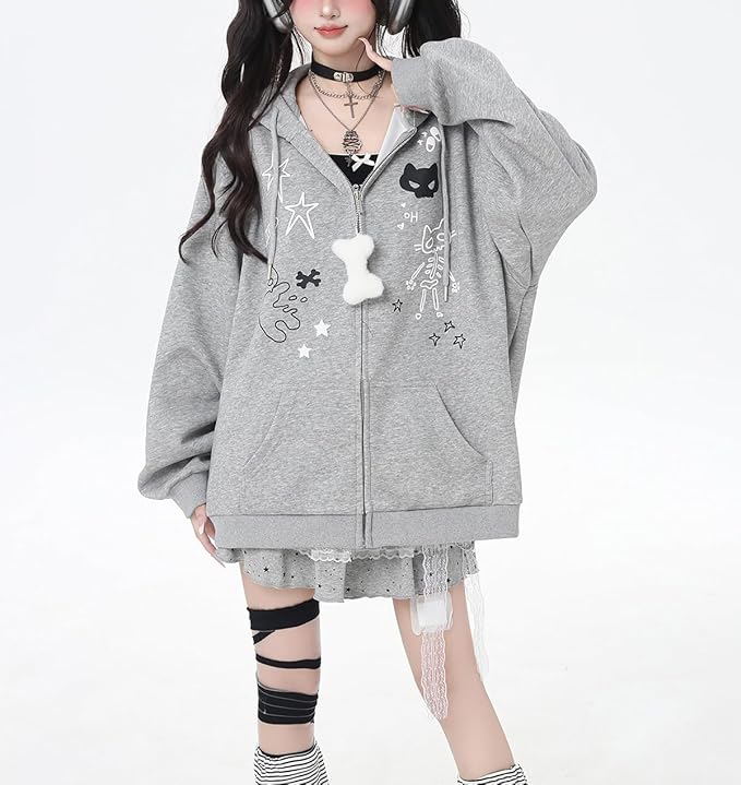 Womens Y2K Zip Up Cute Graphic Hoodies Cat Ears Casual Cartoon Harajuku Kawaii - Image 6