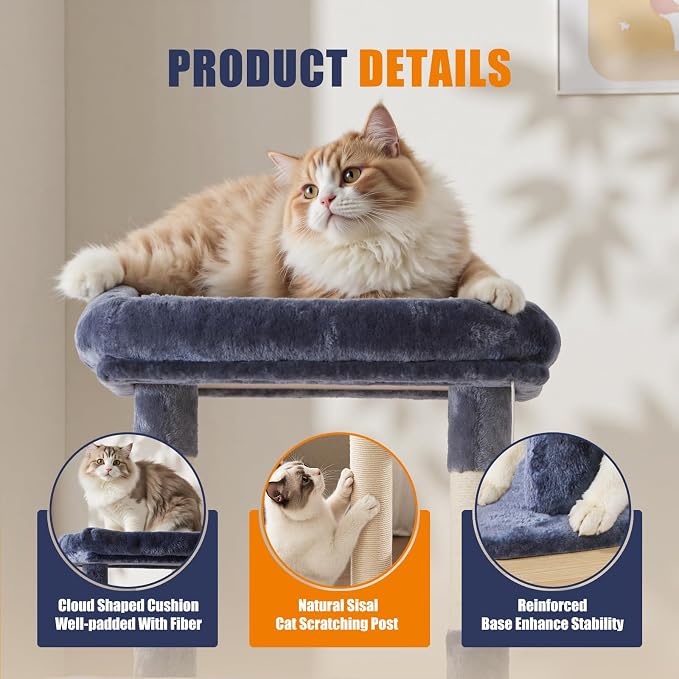 Large Cat Tree 63 Inch, Sisal Scratching Posts Board and Hammock, Pet Play House - Image 3