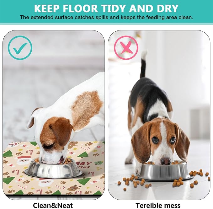 Christmas Dog Food & Water Mat, Paw Prints Santa Claus Snowman Xmas Pet Feeding - Image 5