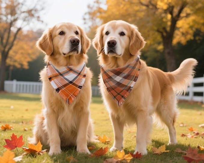 Fall Dog Bandanas, Autumn Halloween Orange Plaid Scarf, Triangle Holiday - Image 5