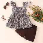 Toddler Baby Girls Summer Clothes Outfits Ruffled Sleeve Dinosaur Shirt Leopard - Image 3