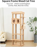 74" Wooden Cat Tree Tower for Large Cats, Cat Condo & Hammock, Natural Wood Cat - Image 2
