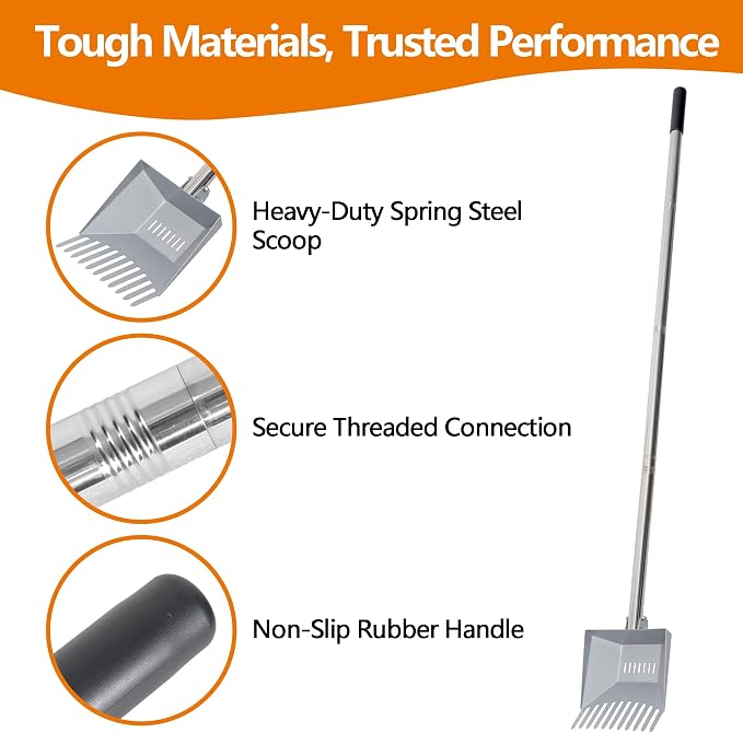 Heavy Duty Pooper Scooper 66in Tempered Spring Steel Scoop Long Stainless Steel - Image 5