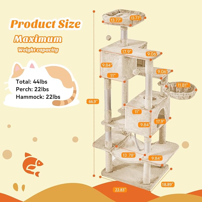 Sweetcrispy 66 inch Cat Tree Tower, Large Multi Level Cat Climbing Tower - Image 3