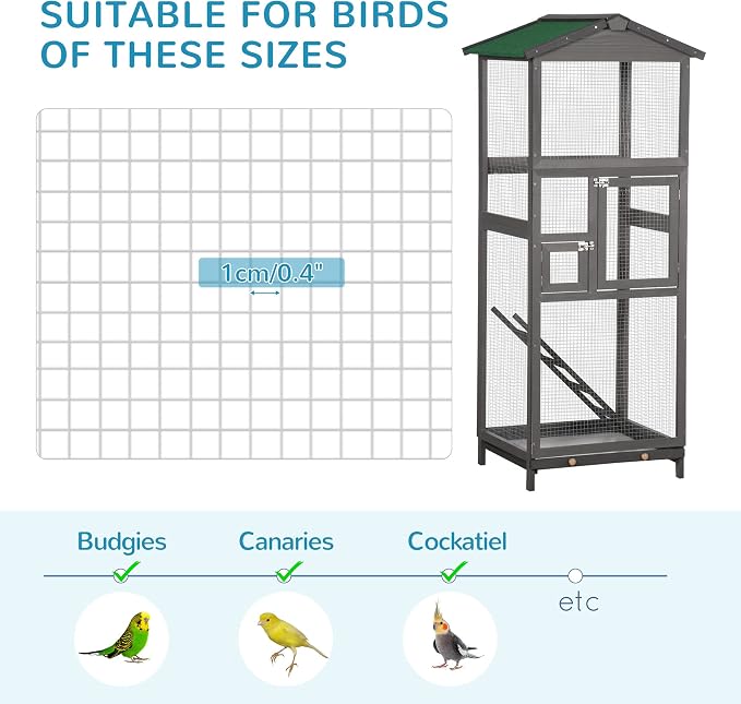 PawHut 65" Wooden Bird Cage Outdoor Aviary House - Image 5