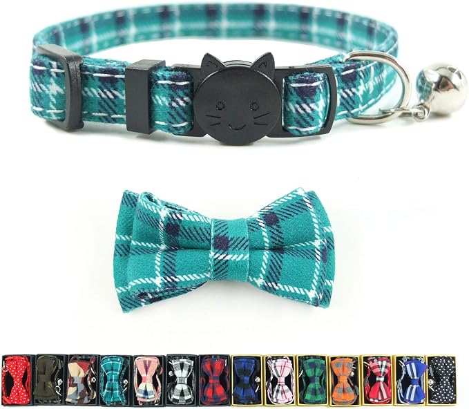 Cat Collar Breakaway with Bell and Bow Tie, Plaid Design Adjustable Safety by Ximipet