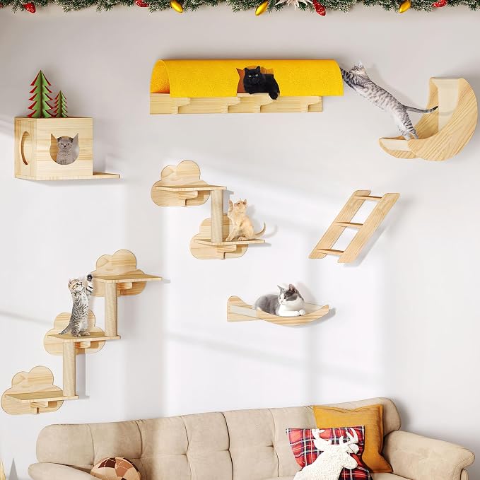 Cat Wall Shelves, 13-in-1 Solid Wood Wall-Mounted Cats Furniture Set - Image 6