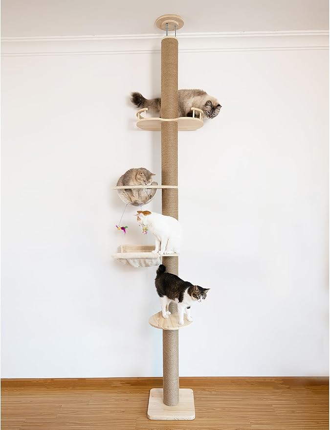 Floor-to-Ceiling Cat Tree with Natural Sisal Rope Scratching Post by TQEW