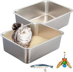 2-Pack Stainless Steel Cat Litter Boxes, Includes Catnip Fish Toy & Wand - Image 6