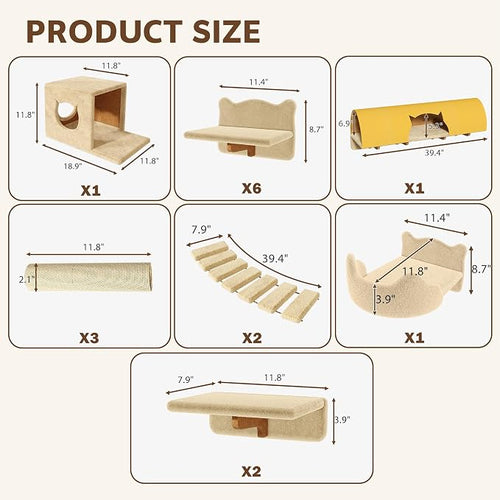 16-in-1 Cat Wall Shelves, Wall Mounted Cats Furniture Set w/Plush Fabric - Image 2