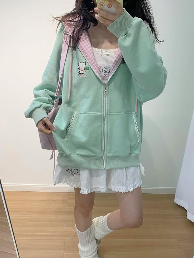 Womens Y2K Zip Up Cute Graphic Hoodies Cat Ears Casual Cartoon Harajuku Kawaii - Image 4