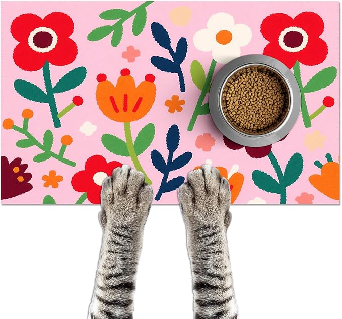 Pet Feedings Mats 20x12 inch Floral Print Pet Bowl Placemat Non Slip Mat by HOMETITUTE
