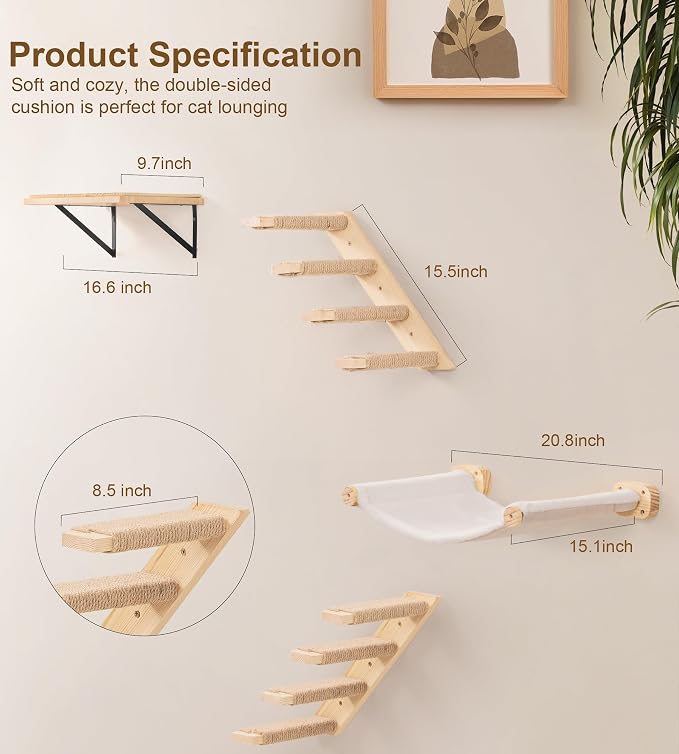 Cat Scraching Post Wall Shelves Set of 3 –1 Floating Fabric Hammock, 2 Cat Wall - Image 8